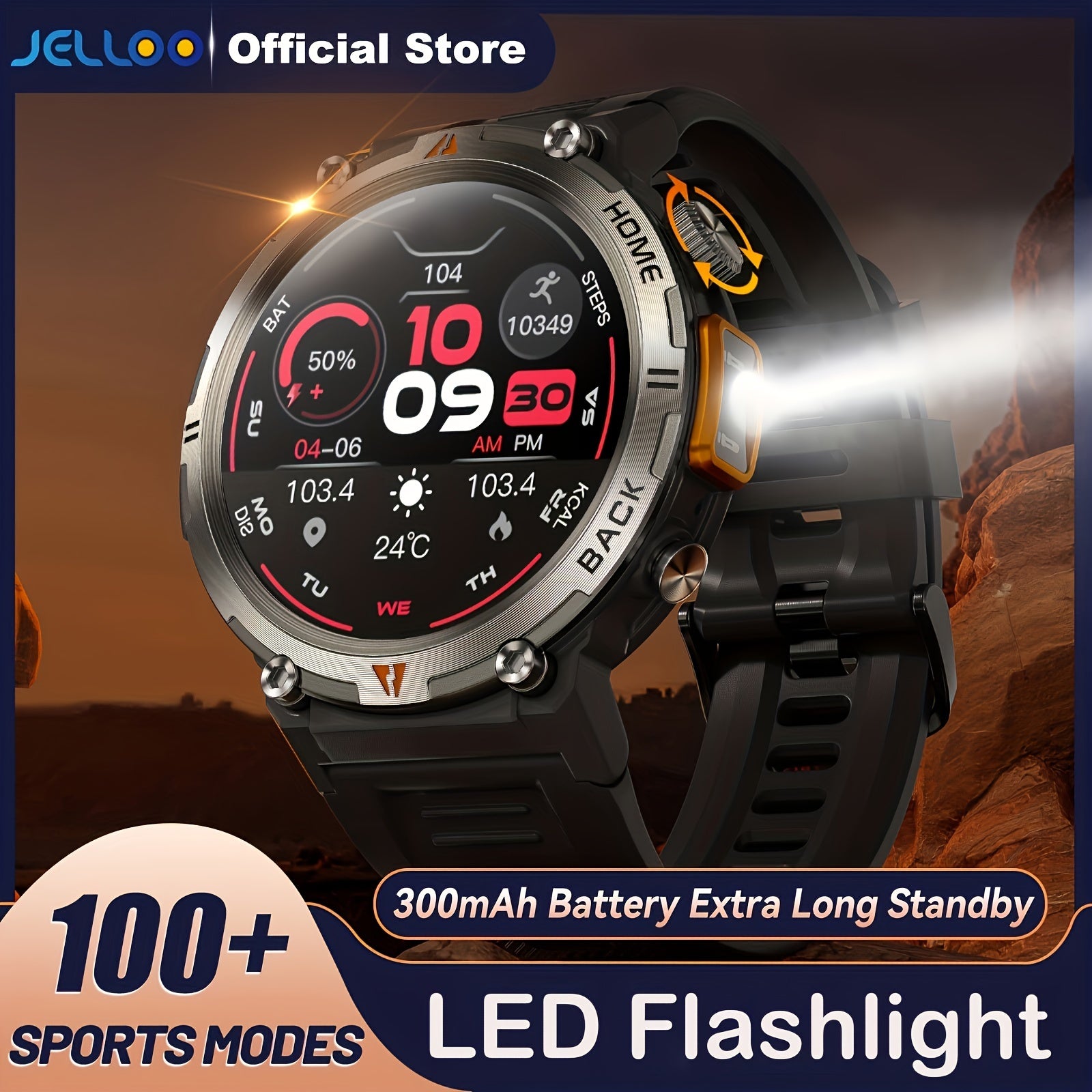 JELLOO Men'S Outdoor Sports Smartwatch with LED Flashlight, Pedometer, Call Answering, Music Control, Battery, 3ATM Waterproof, 360p Display, for iPhone & Android, Christmas Gifts For Boyfriends